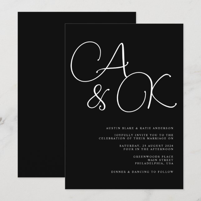 Invitation Noms noirs et blancs surdimensionnés Monogramme Ma (Devant / Derrière)