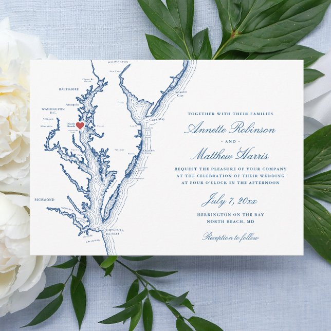 Invitation North Beach Maryland Map Elegant Mariage de la mar (North Beach Maryland Wedding invitation with elegant navy blue map from Coastal Map Designs)