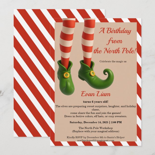 Invitation North Pole Birthday Magic | Enchanted Elf (Devant / Derrière)