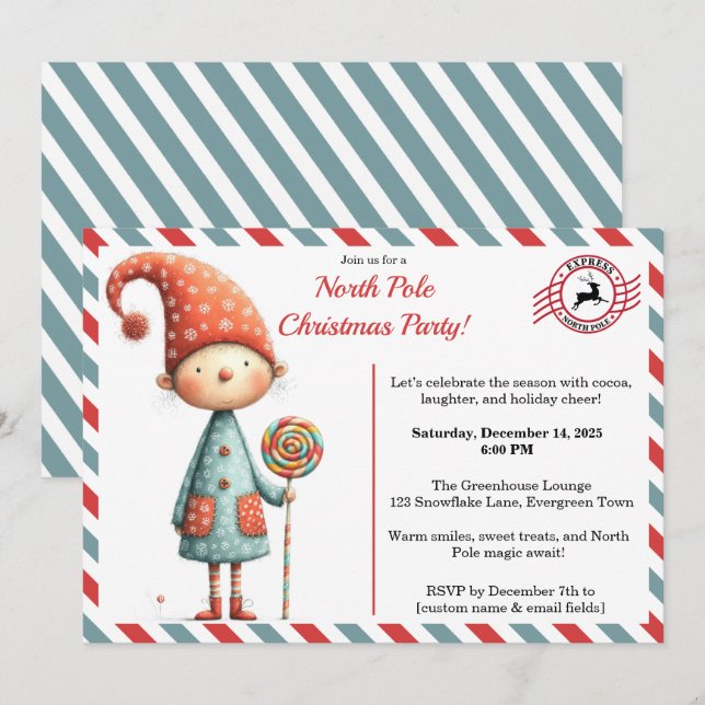 Invitation North Pole party Magic | Enchanted Elf (Devant / Derrière)