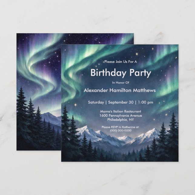 Invitation Northern Lights Mountain Forest Birthday  (Devant / Derrière)