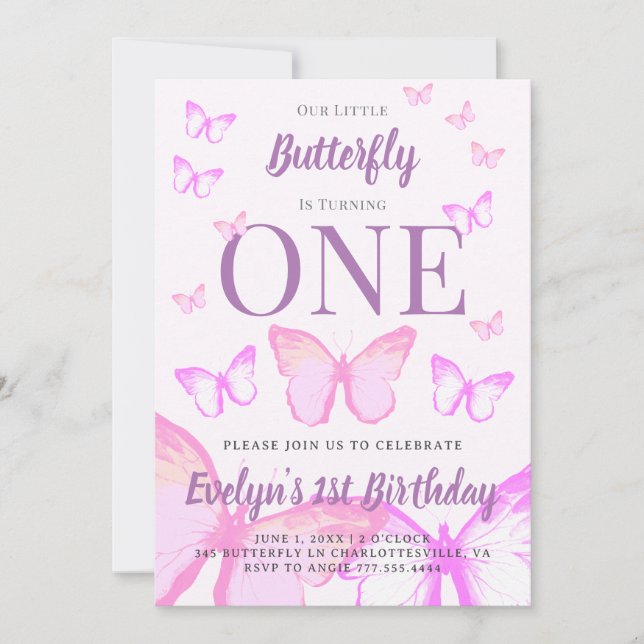 Invitation Nos Petites Filles Papillon Pastel Rose Anniversai (Devant)