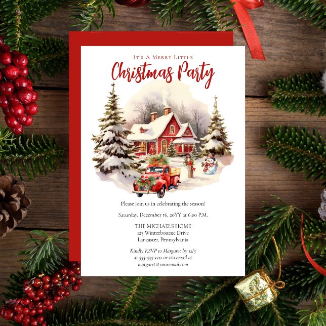Invitation Nostalgale Vintage Camion Rouge Noël (Nostalgic Vintage Red Truck Christmas Party Invitation)