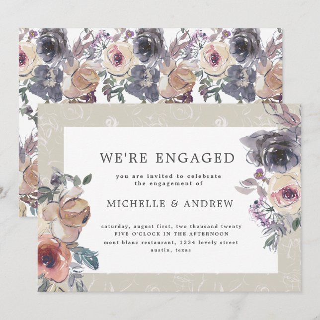 Invitation nostalgique indigo fiançailles floral brun (Devant / Derrière)
