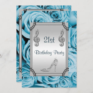 Invitation Note de musique de diamant, stylet et roses bleus