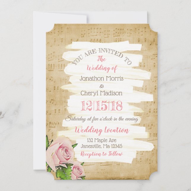 Invitation Notes de musique et rose Roses Mariage Floral (Devant)
