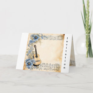 Invitation Notes de musique guitare Fleurs Bleu