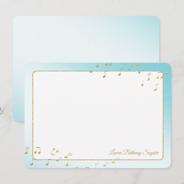 Invitation Notes de musique Merci plat bleu et or (Devant / Derrière)