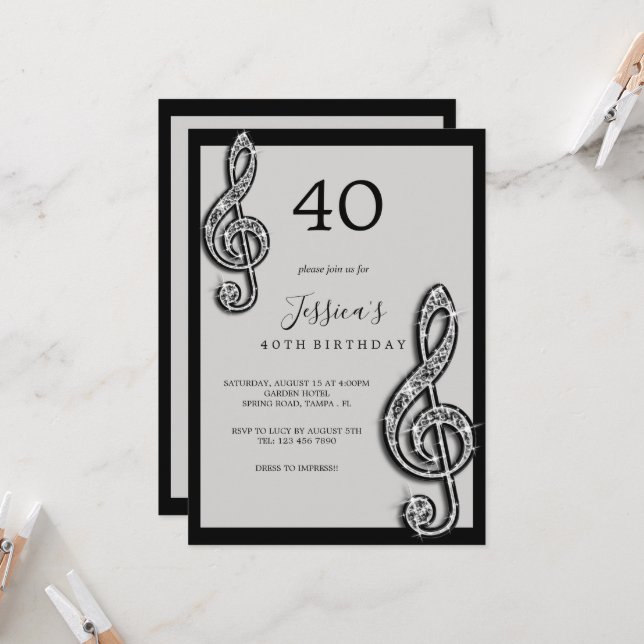 Invitation Notes de musique noire glitzy Anniversaire (Devant/Arrière en situation)
