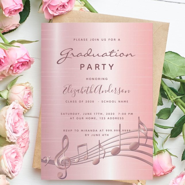 Invitation Notes de musique rose pâle de la fête de graduatio (Créateur téléchargé)