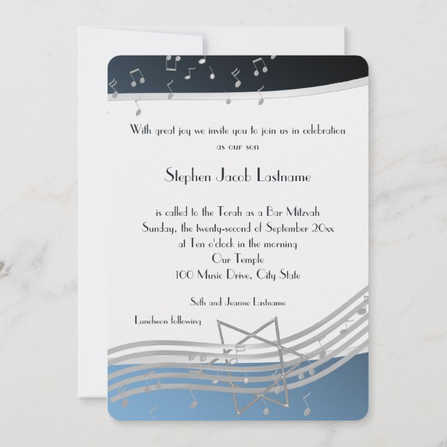 Invitation Notes musicales Bar Mitzvah Silver et Blue (Dos)