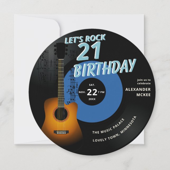Invitation Notes musicales Rock Guitar Blue 21st Birthday (Devant)