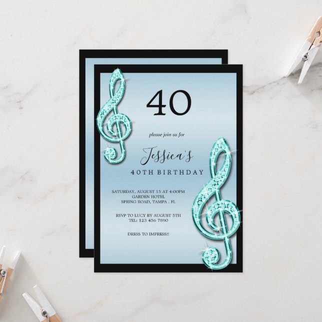 Invitation Notes musicales Turquoises Glitzy Anniversaire (Devant/Arrière en situation)