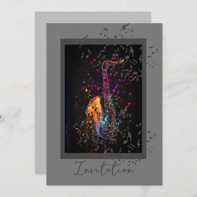 Invitation Notes Saxophones Splash Et Musique (Devant / Derrière)