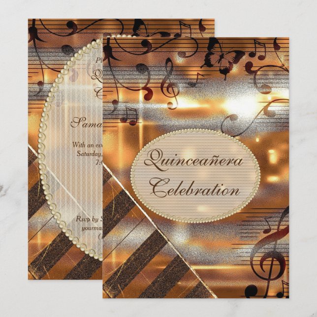 Invitation Notes scintillantes Quinceañera de musique (Devant / Derrière)