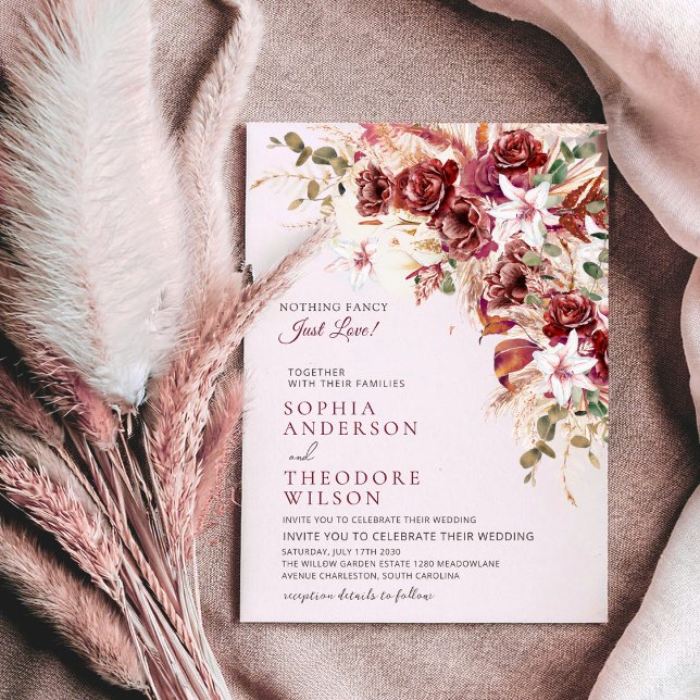 Invitation Nothing Fancy Just Love Burgundy Floral Qr Wedding (Créateur téléchargé)