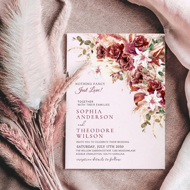 Invitation Nothing Fancy Just Love Burgundy Floral Qr Wedding (Créateur téléchargé)