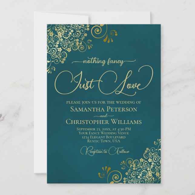 Invitation Nothing Fancy Just Love Deep Teal & Gold Wedding (Devant)