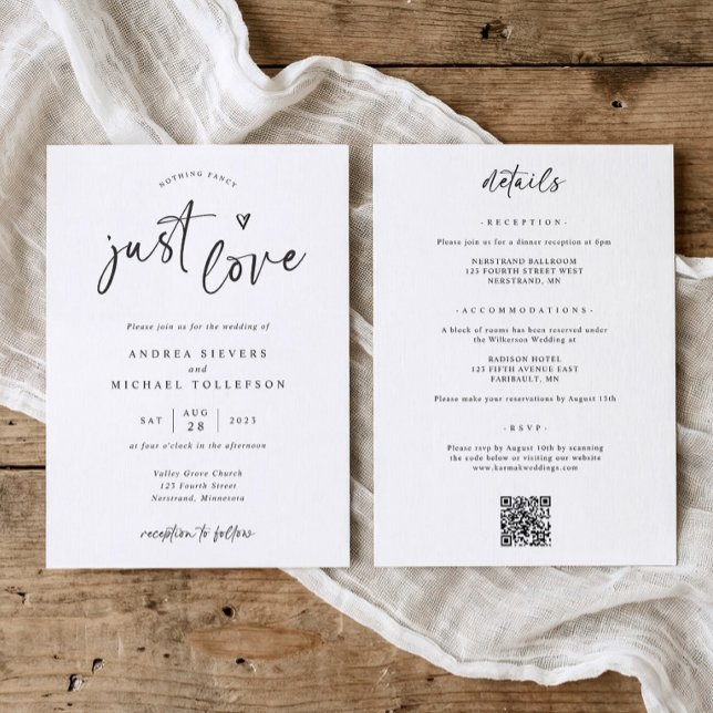 Invitation Nothing Fancy Just Love Modern Handwriting Wedding (Minimalist black and white wedding invitation with “nothing fancy, just love” handwriting)