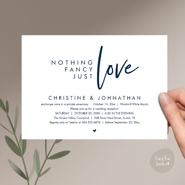 Invitation Nothing Fancy, Just Love, Modern Wedding Reception (Nothing Fancy, Just Love, Modern Wedding Reception Dinner Lunch Brunch Invitation Card in Navy Blue)