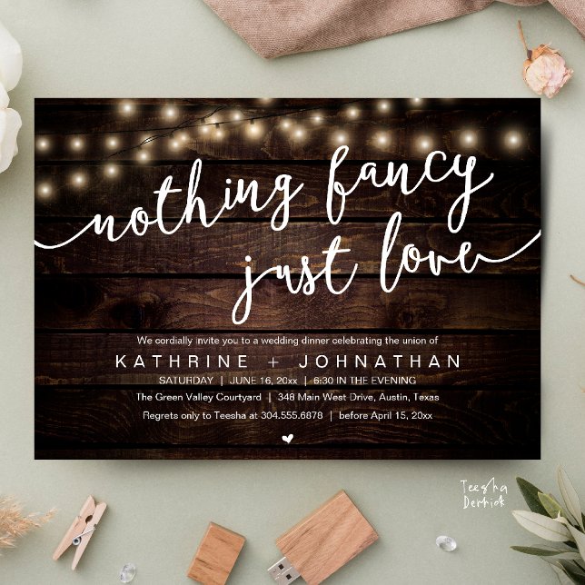 Invitation Nothing Fancy, Just Love, Wedding Reception Dinner (Nothing Fancy, Just Love, Wedding Reception Dinner Invitation Card String Lights Brown Wood)