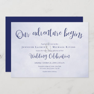 Invitation Notre aventure commence mariage typographique bleu