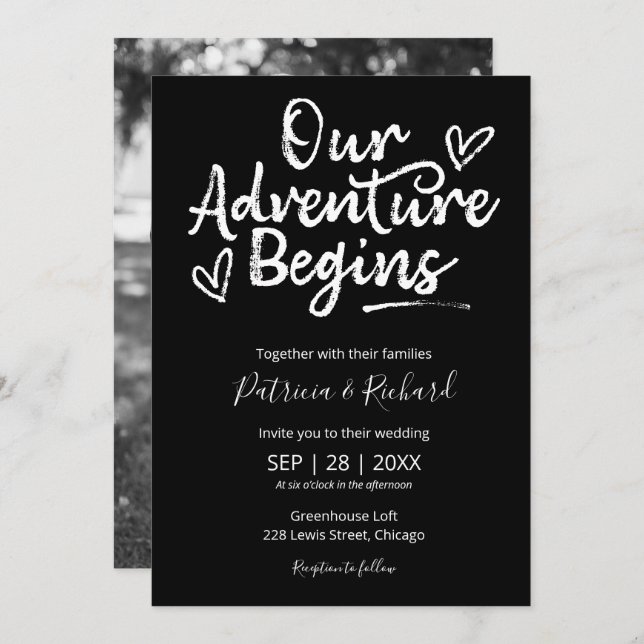 Invitation Notre aventure commence Rustique Mariage Noir (Devant / Derrière)