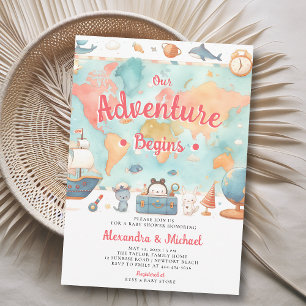 Invitation Notre aventure commence World Map Girl Baby shower