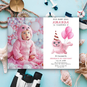 Invitation Notre Baby Seal 1er Anniversaire Pink Girl Party