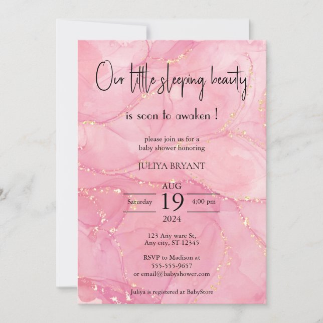Invitation Notre baby shower rose beauté dormant (Devant)