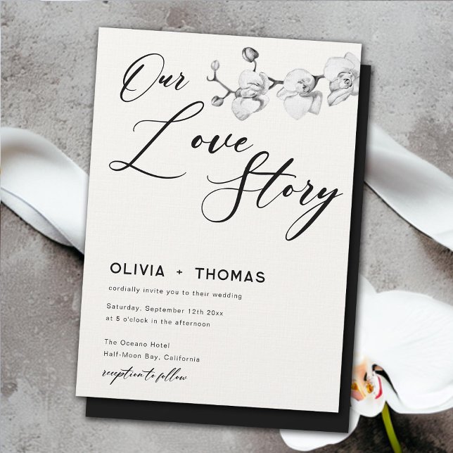 Invitation Notre histoire d'amour moderne Black White Orchids (our love story modern white orchids wedding invitation elegant boho romantic calligraphy black white)