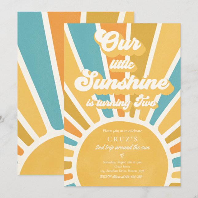 Invitation Notre Little Sunshine 2e fête d'anniversaire Retro (Devant / Derrière)