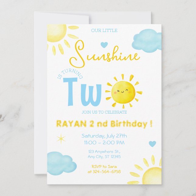 Invitation Notre Little Sunshine Boy Blue 2e fête d'anniversa (Devant)