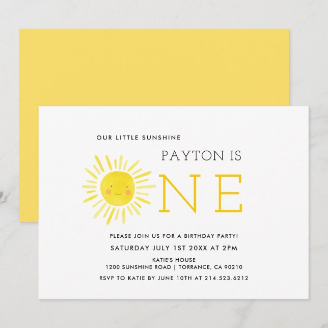 Invitation Notre Little Sunshine Premier Anniversaire (Devant / Derrière)