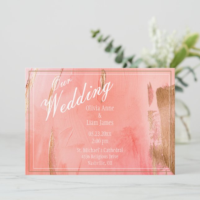 Invitation Notre Mariage Gold Peach Moderne Mariage élégant (Debout devant)