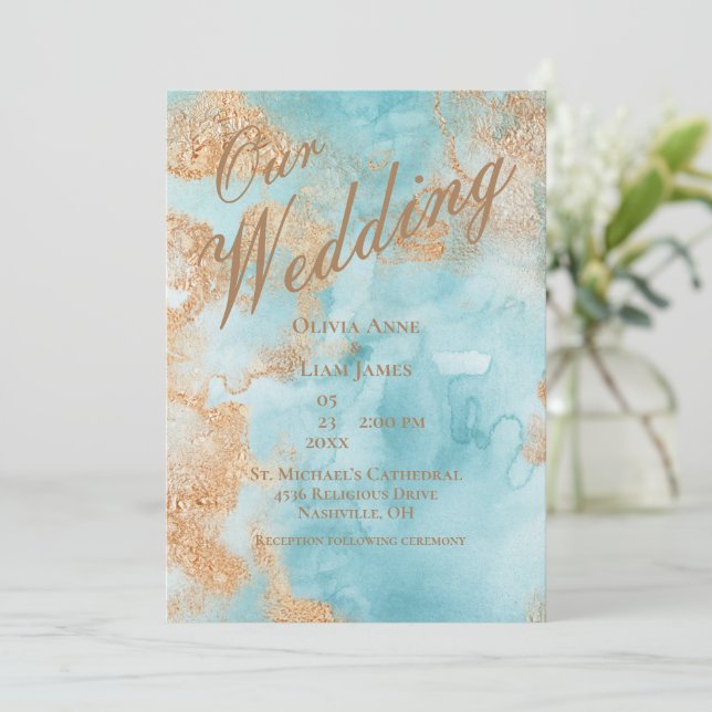 Invitation Notre Mariage Gold Turquoise AbstractElégant Maria (Debout devant)