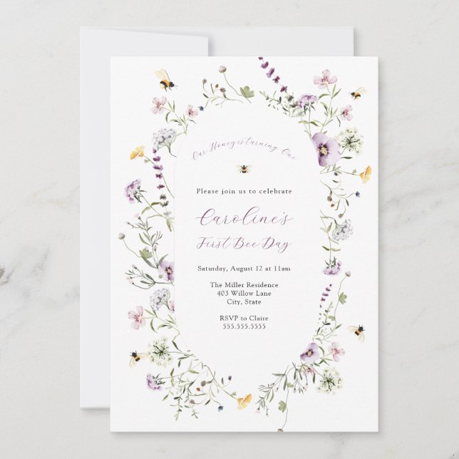 Invitation Notre Miel Abeille Violet Fleur sauvage Anniversai (Devant)