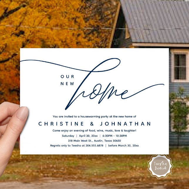 Invitation Notre Nouvelle Maison, Cosy Lovely House Party (Our New Home, Cozy Lovely Housewarming Party Invitation Card, PDF, Navy Blue)