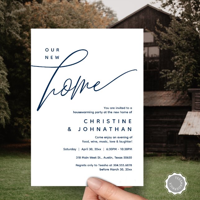 Invitation Notre Nouvelle Maison, Cosy Lovely House Party (Our New Home, Cozy Lovely Housewarming Party Invitation Card, PDF, Portrait, Navy Blue)
