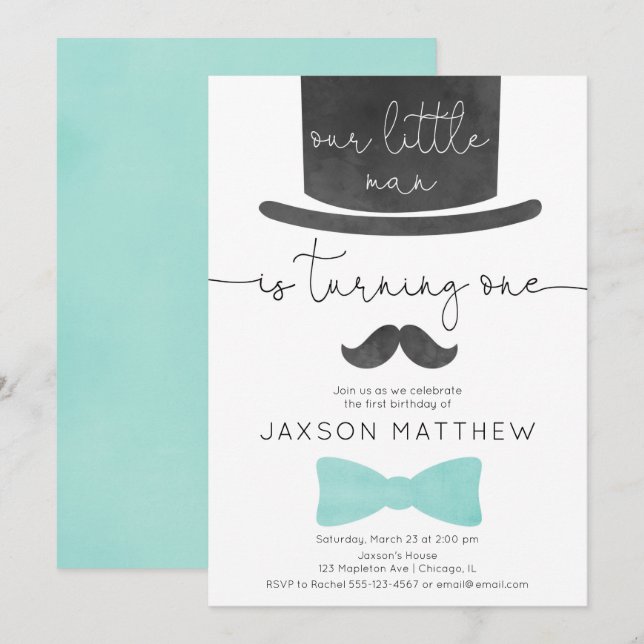Invitation Notre petit aqua bleu turquoise 1er anniversaire (Devant / Derrière)