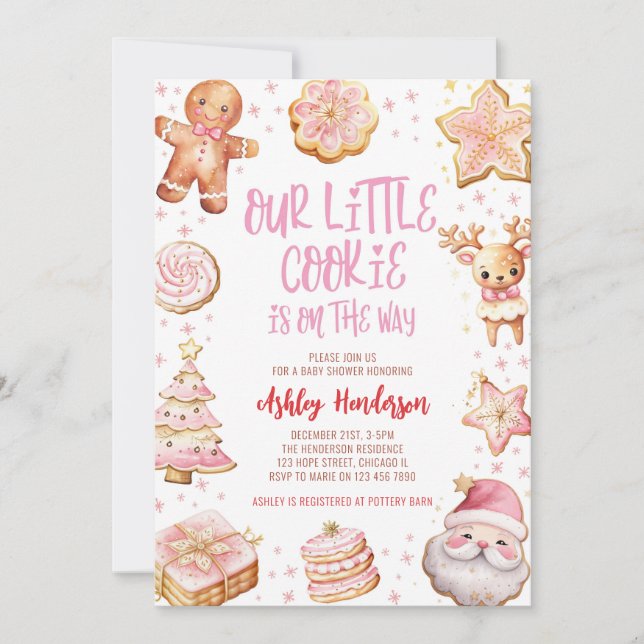 Invitation Notre petit Baby shower de Noël rose biscuit (Devant)