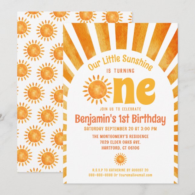 Invitation Notre Petit Bébé Sunshine Garçon 1er fête d'annive (Devant / Derrière)