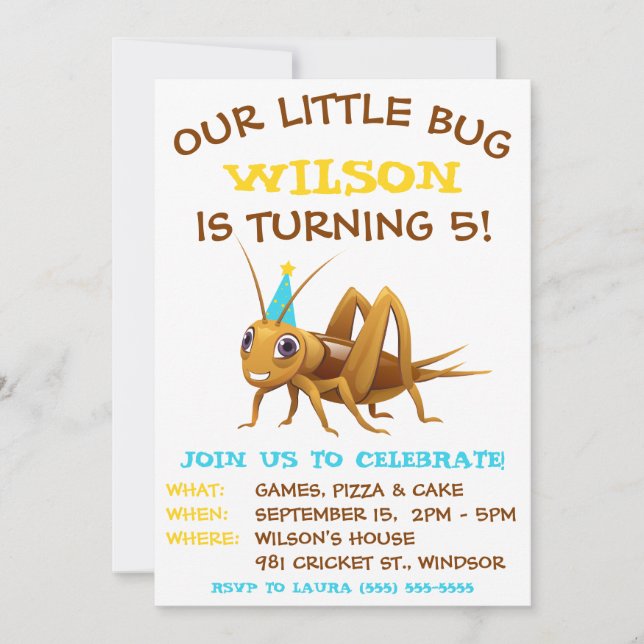 Invitation Notre Petit Bogue, Cricket, Anniversaire (Devant)