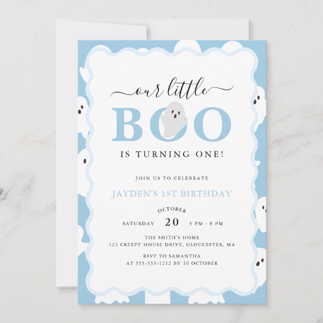 Invitation Notre petit Boo Blue Halloween garçon 1er annivers (Devant)