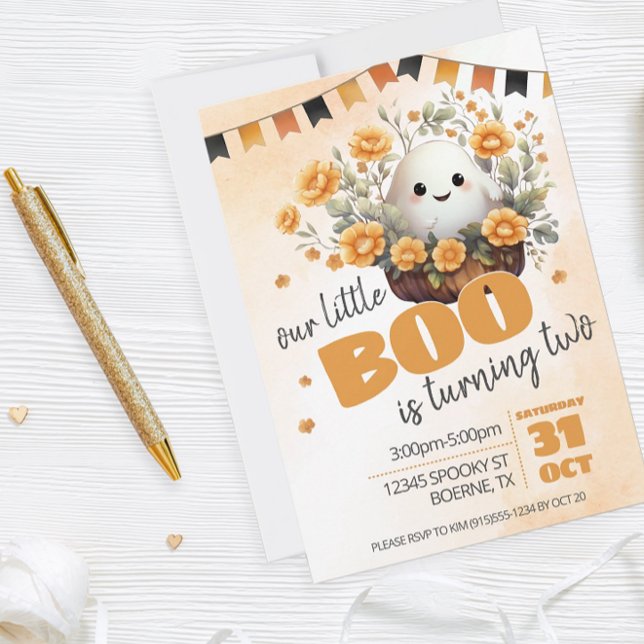 Invitation Notre Petit Boo fête ses deux Fantômes (Add a touch of cuteness to your Halloween birthday celebration with this adorable ghost design.)