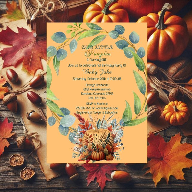 Invitation Notre petit Citrouille 1er anniversaire Automne Wr (Our Little Pumpkin 1st Birthday Fall Wreath Orange Invitation)
