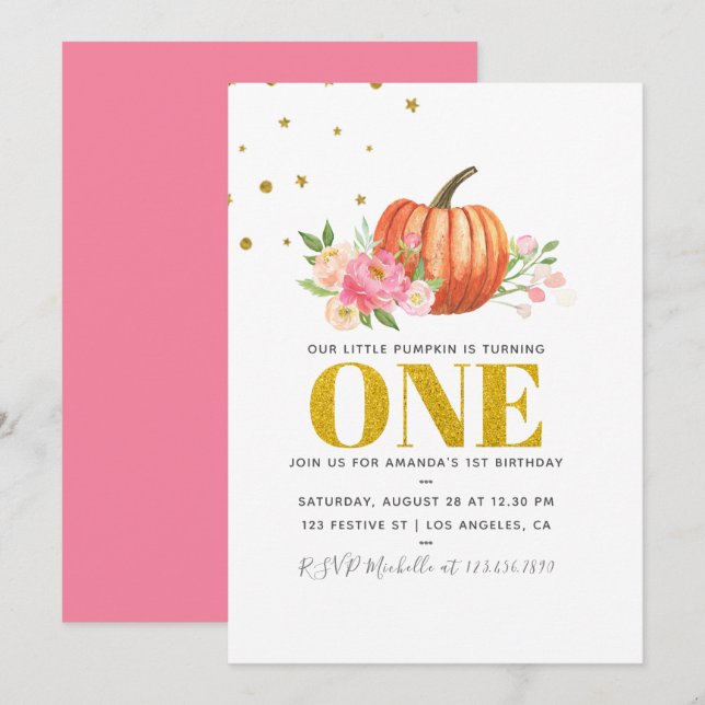 Invitation Notre Petit Citrouille 1er anniversaire Baby Girl  (Devant / Derrière)
