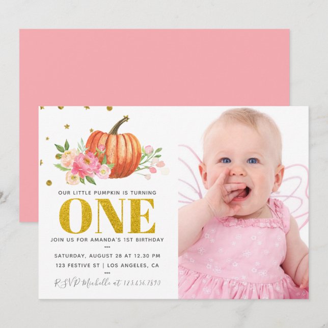Invitation Notre Petit Citrouille 1er anniversaire Baby Girl  (Devant / Derrière)