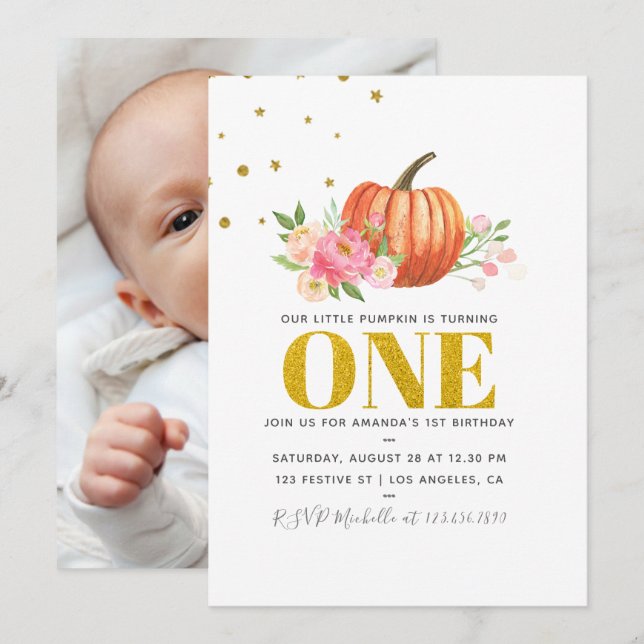Invitation Notre Petit Citrouille 1er anniversaire Baby Girl  (Devant / Derrière)