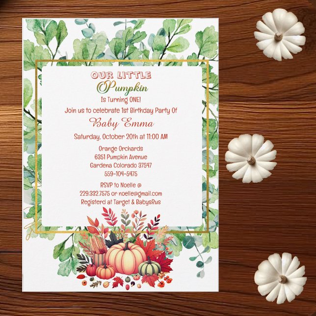 Invitation Notre petit Citrouille 1er anniversaire Green Fall (Little Pumpkin 1st Birthday Green Fall Wreath Invitation)